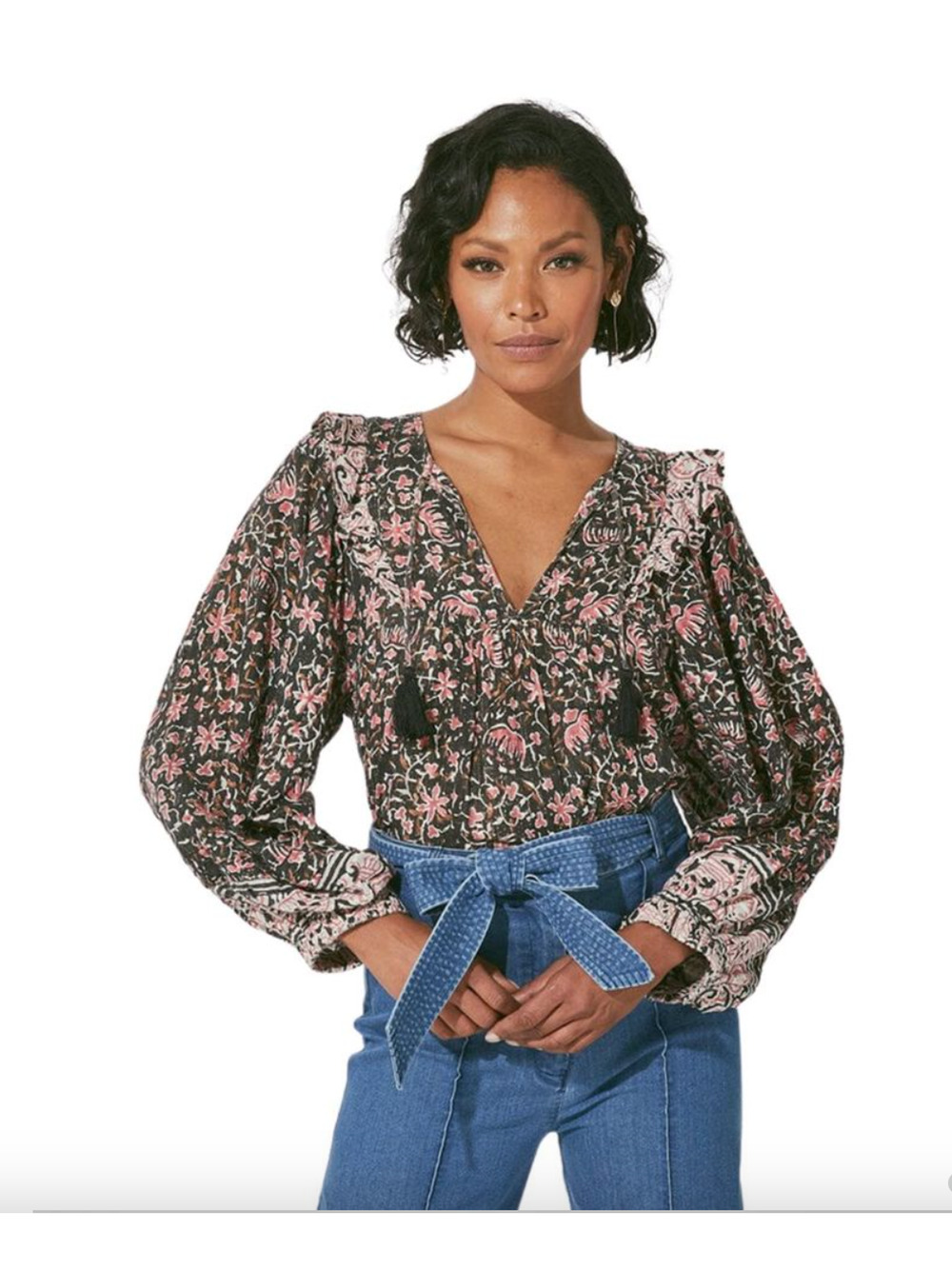CLEOBELLA NWT Evereve Brynlee Black Pink Org Cotton Metallic Print Blouse // S
